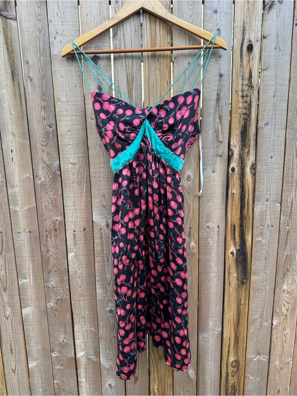 Voom by Joy Han Black silk Slip Dress with Pink Cherry Print